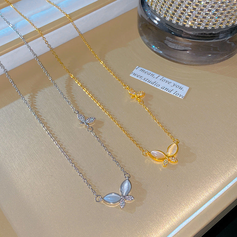 Sweet Butterfly Titanium Steel Necklace with Cubic Zirconia and Cat's Eye Inlay Plated Finish Cable Chain