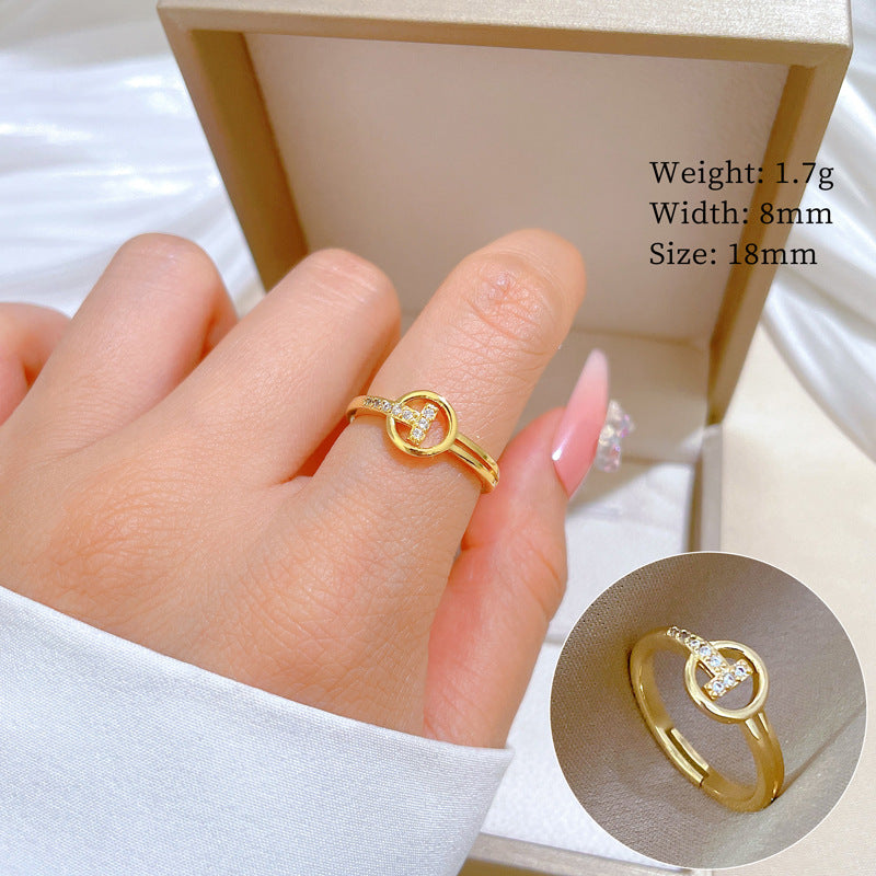 Minimalist Geometric Gold-Plated Brass Open Ring for Women with Crown Shape and Rhinestone Inlay