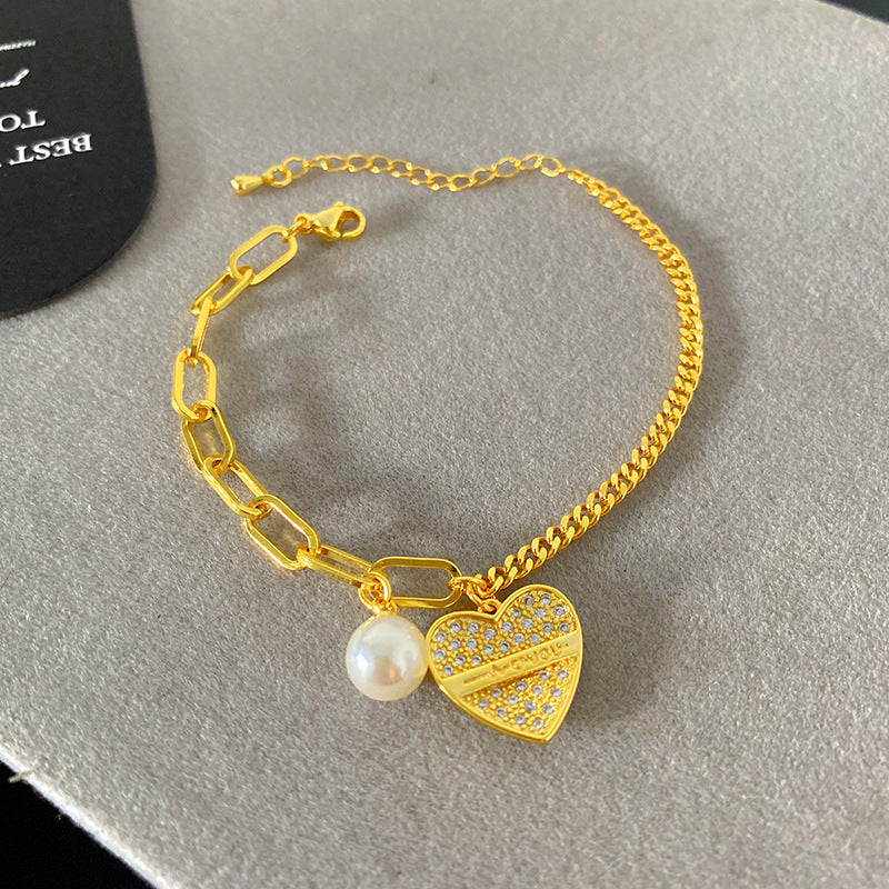 Sweet Minimalist Heart Letter Cubic Zirconia Pearl Plated Titanium Steel Bracelet
