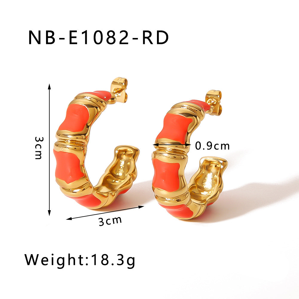 Minimalist Stainless Steel Bamboo Joint C-Shaped Earrings with Enamel Coloring and Gold Plating for Women