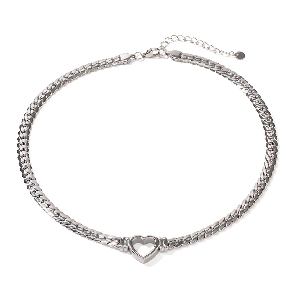 INS Style Heart Shaped Stainless Steel Cuban Necklace with Gold Plated Hollow Flat Snake Chain for Women