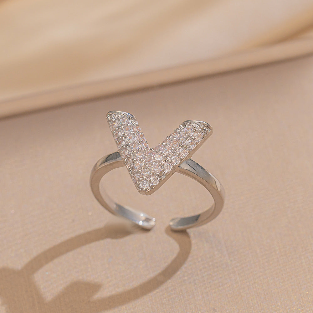 Luxury Minimalist Adjustable Open Ring for Women with Gold-Plated Copper Band and Zircon Stone Accent in Heart and Floral Shape