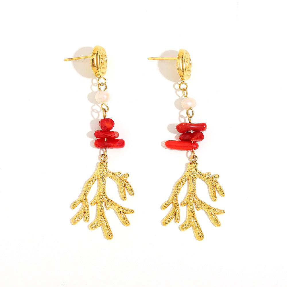 Vintage Style Floral Coral Branch Pendant Stud Earrings in Stainless Steel with 18K Gold Plating