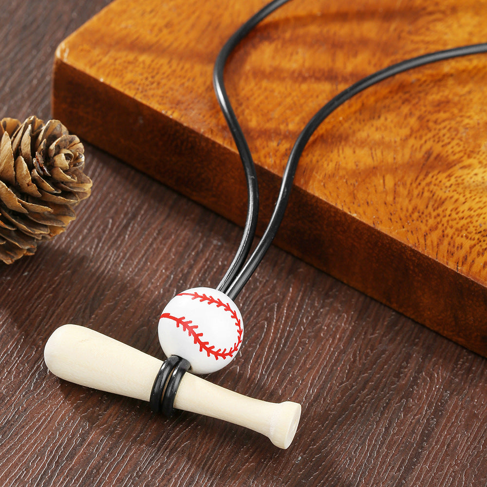 Geometric Wood Baseball Bat Pendant Leather Necklace Adjustable Unisex
