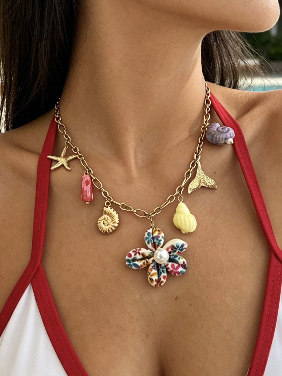 Sweet Streetwear Geometric Stainless Steel Plated Shell Starfish Pendant Necklace for Women