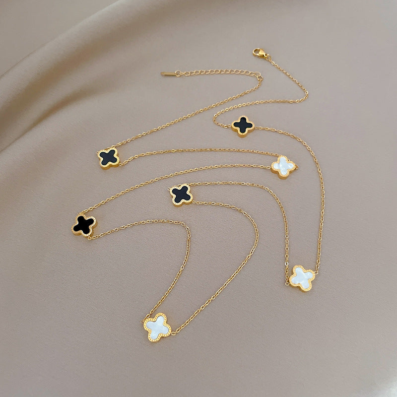 Minimalist Lucky Clover Double-Sided Titanium Steel Necklace with Gold Plating for Women and Men, Geometric Design Fashion Accessory