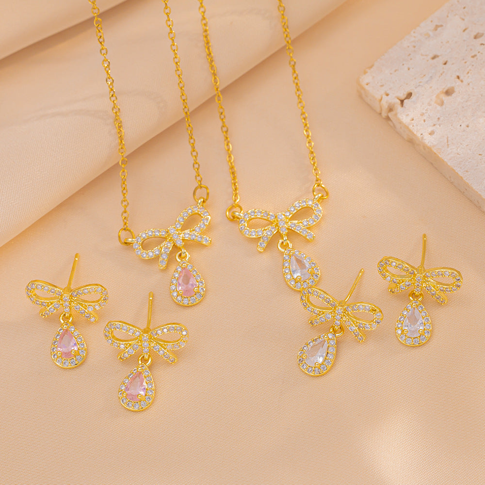 Sweet Bow Heart Pendant Necklace Set with Zircon Inlay in Titanium Steel with O-Chain for Women