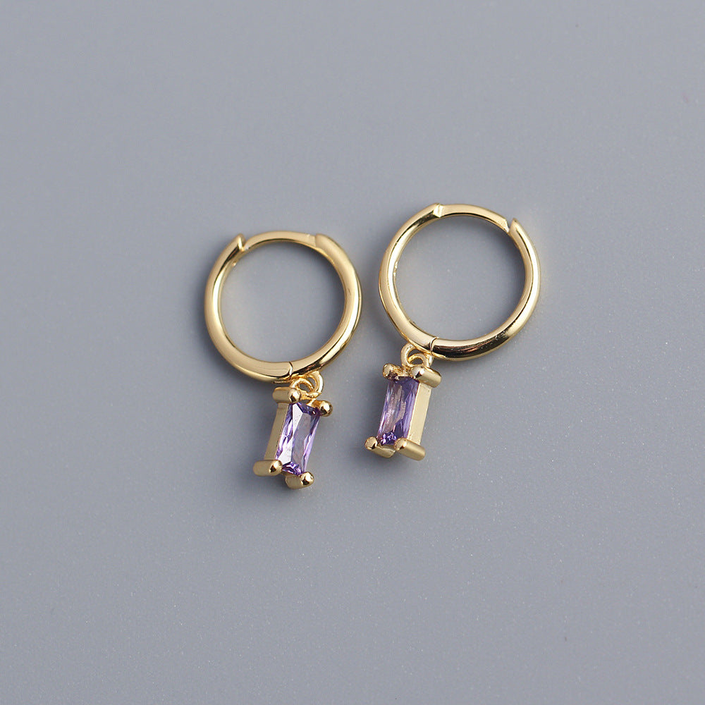Minimalist 925 Sterling Silver Rectangle Geometric Inlaid Cubic Zirconia Hoop Earrings