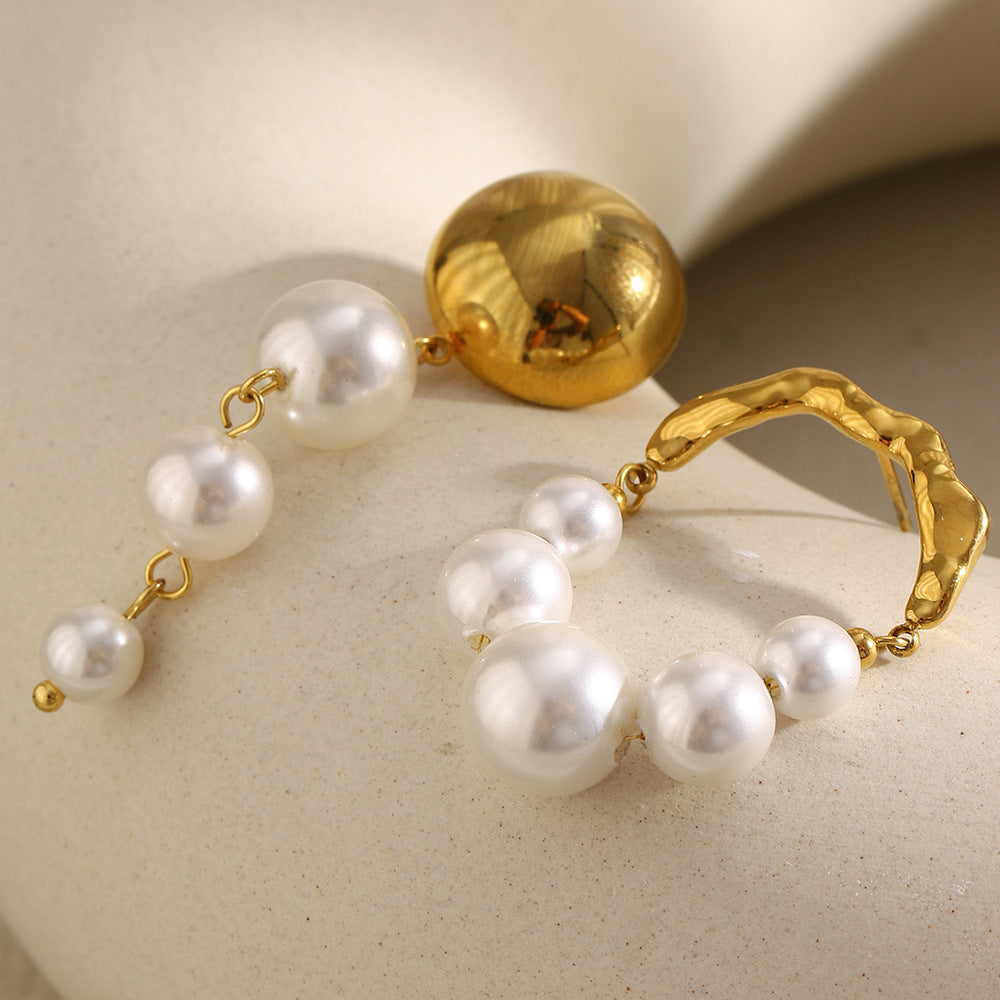 Eleganti orecchini a lobo con perle finte irregolari placcate in oro 18 carati, in acciaio inossidabile, con design geometrico, in stile vintage francese, da donna