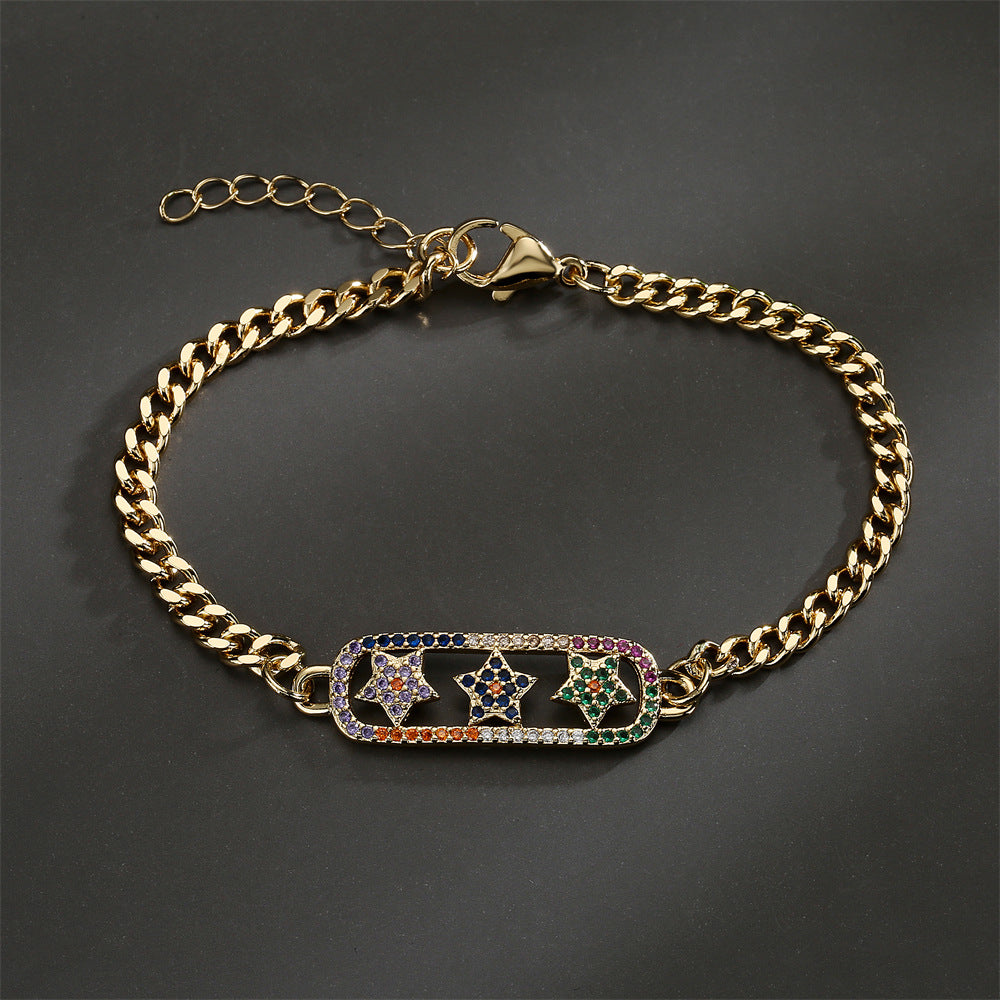 Gold Plated Brass Micro-Inlaid Cubic Zirconia Star Bracelet for Women