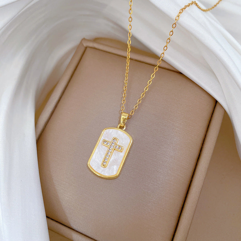 Minimalist Shell Cross Pendant Necklace in Titanium Steel with Rhinestone Inlay for Women and Men