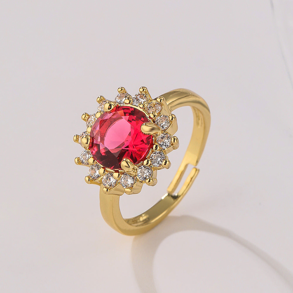 Anello aperto da donna minimalista geometrico floreale in ottone con placcatura in oro 18 carati e intarsio di zirconi