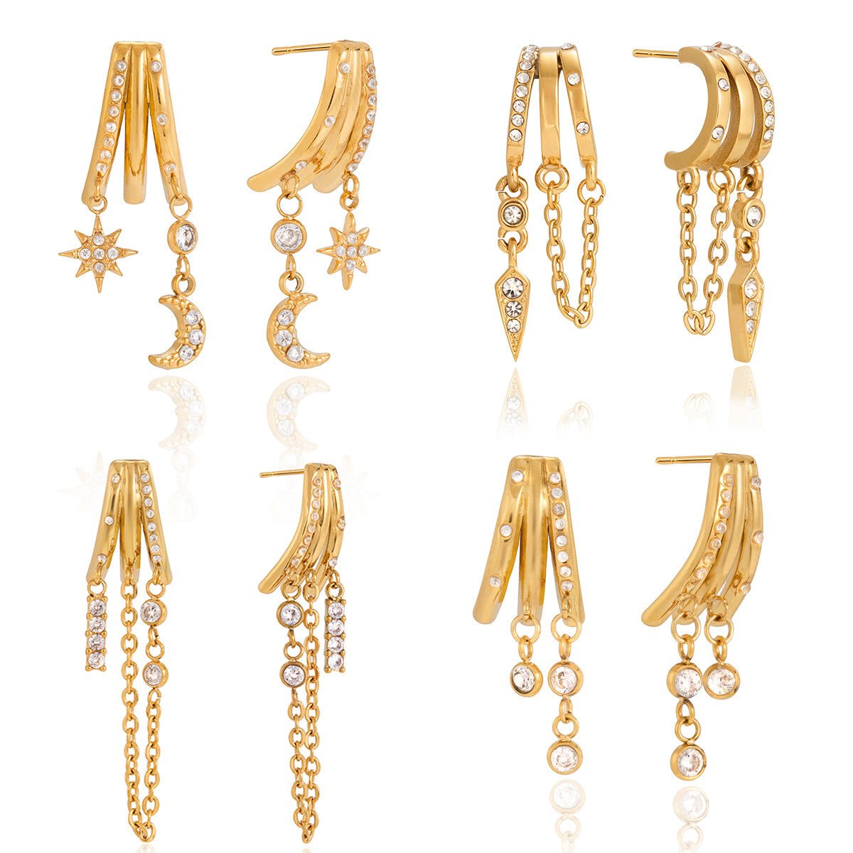 Elegant Geometric Stainless Steel Tassel Earrings with Pearl Inlay for Women
