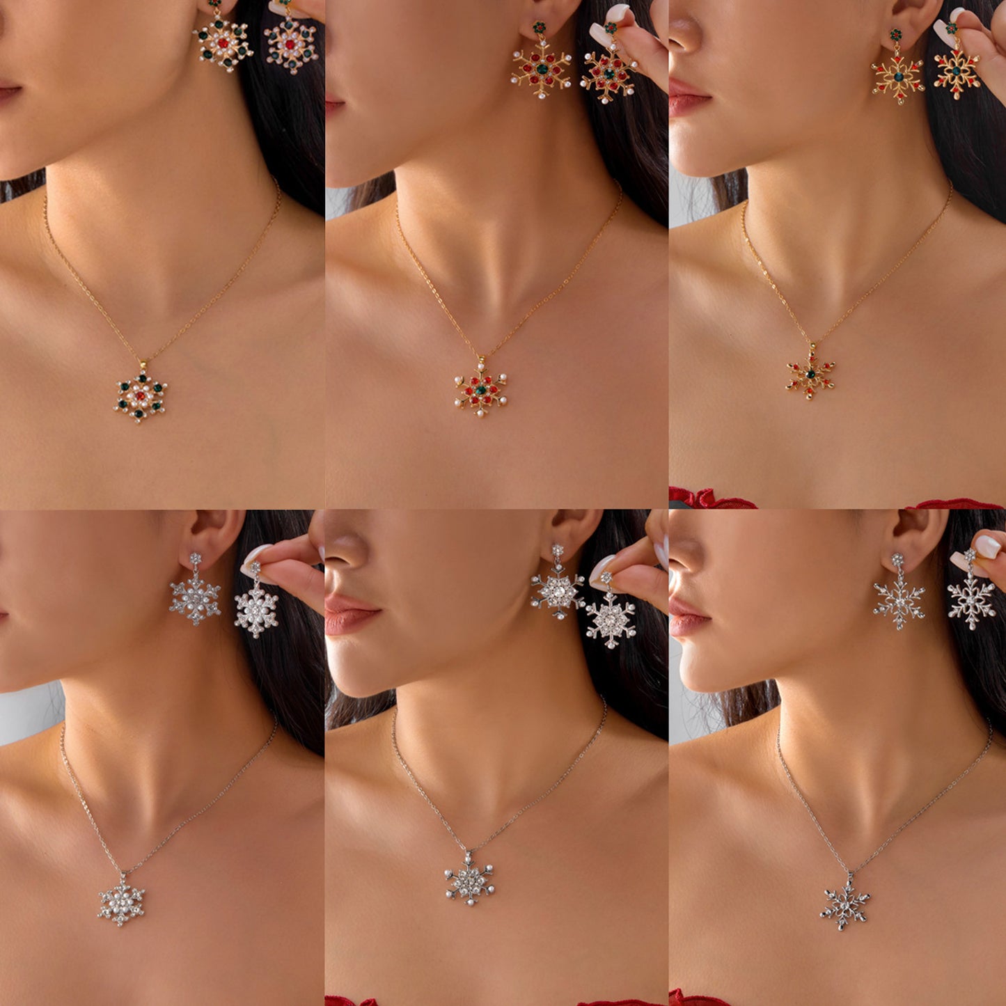 Christmas-Themed Snowflake Pendant Necklace and Earrings Set for Women Alloy with Enamel Finish and Rhinestone Inlay
