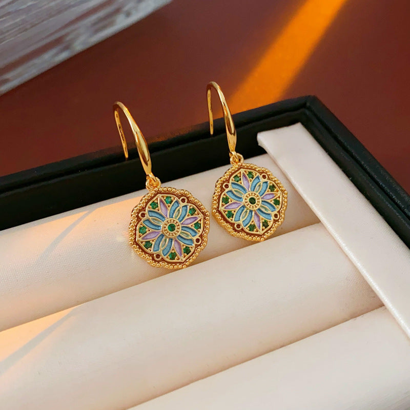 Orecchini da donna vintage chic floreali e geometrici in rame con intarsio di zirconi e finitura smaltata