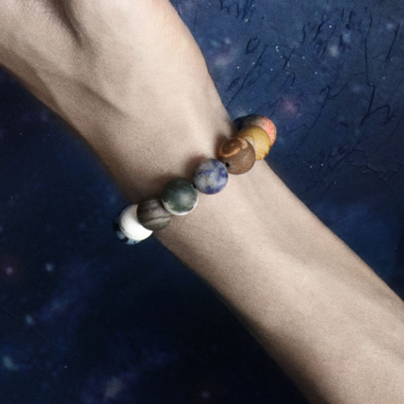 Unisex Geometric Round Gemstone Beaded Bracelet Solar System Planet Design Handmade Jewelry