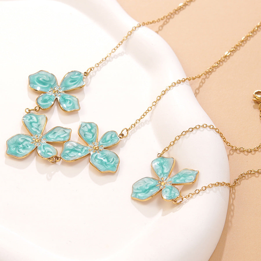 Sweet Drip Oil Floral Stainless Steel Necklace and Bracelet Set for Women