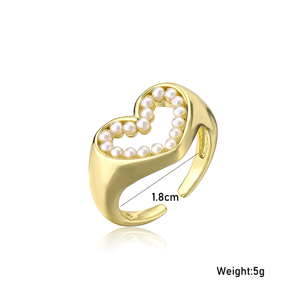 Gold Plated Brass Geometric Heart Ring with Micro-inlaid Pearl for Women