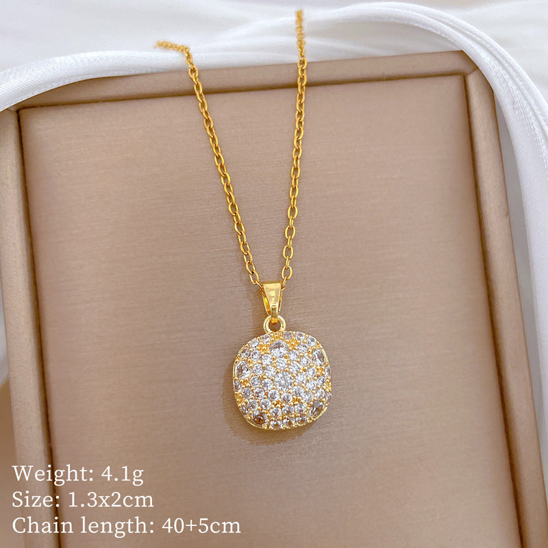 Sweet Minimalist Full Rhinestone Square Moon Titanium Steel Necklace Set for Unisex