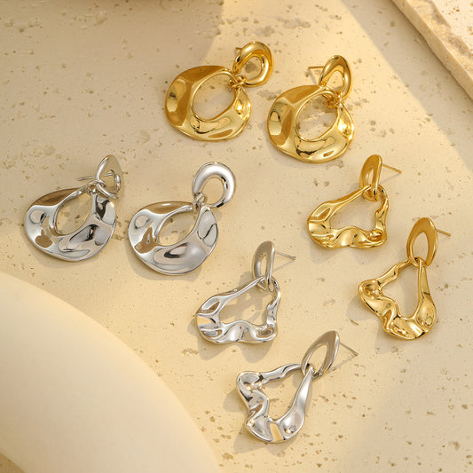 Minimalist Geometric Stainless Steel Earrings with Plated Finish for Women, Irregular Double-Ring Design