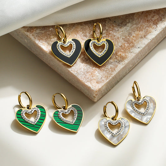 Orecchini da donna a forma di cuore in stile francese elegante, con zirconi e conchiglie, in acciaio al titanio, accessorio di moda minimalista