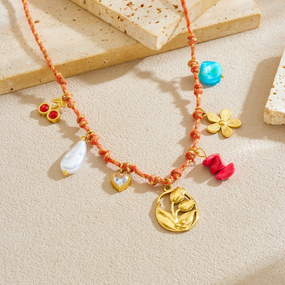 Bohemian Sweet Gold Plated Stainless Steel Floral Plant Knot Rope Necklace for Women