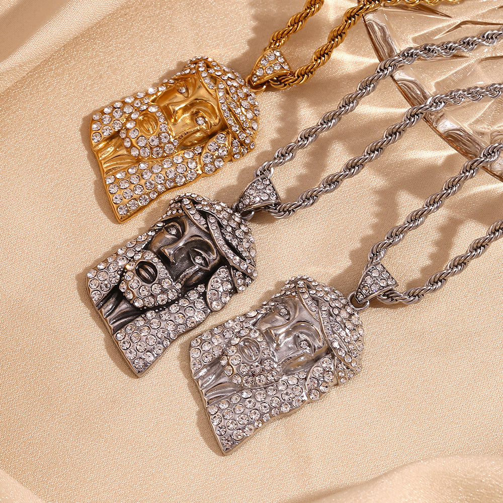 Collana con ciondolo hip-hop streetwear retrò da uomo in acciaio inossidabile placcato oro 18K e strass su tutta la superficie, con catena ritorta