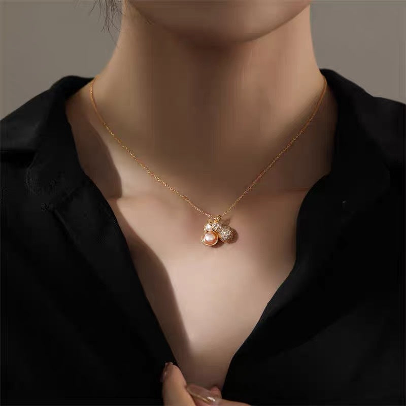 Fashionable Double-Sided Gourd Pendant Necklace in Titanium Steel with Zircon Inlay, Peanut-Shaped Charm, Snake Chain Style for Women and Men