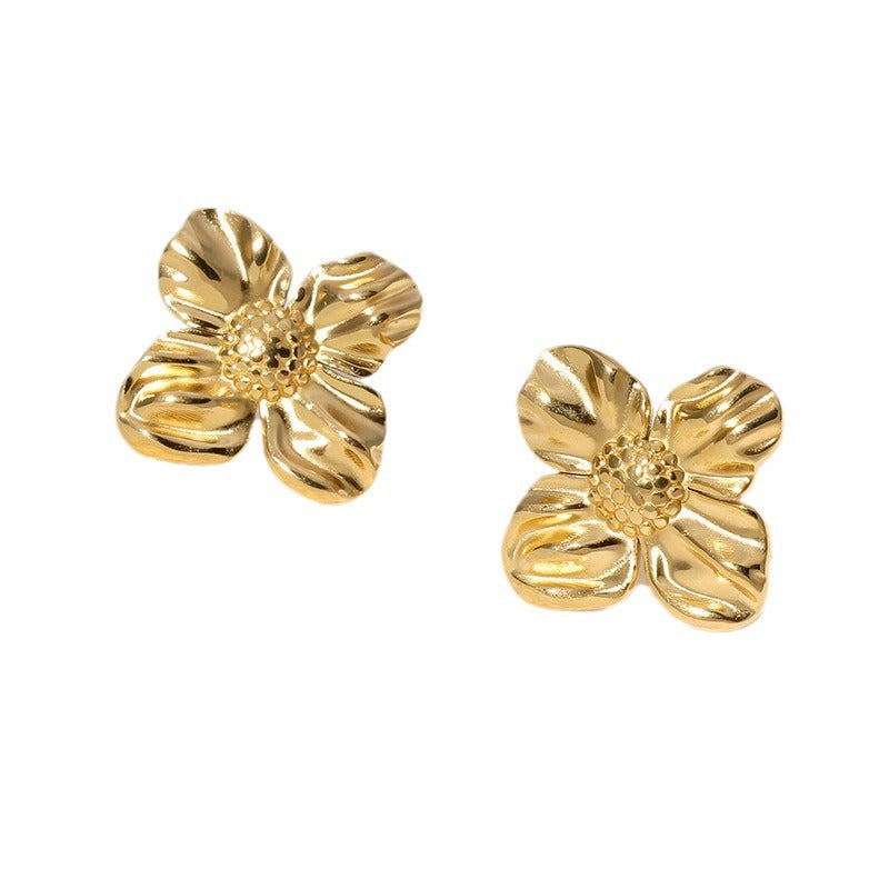 Sweet Floral Stainless Steel Stud Earrings for Women with Plated Finish Minimalist Luxury Ear Jewelry