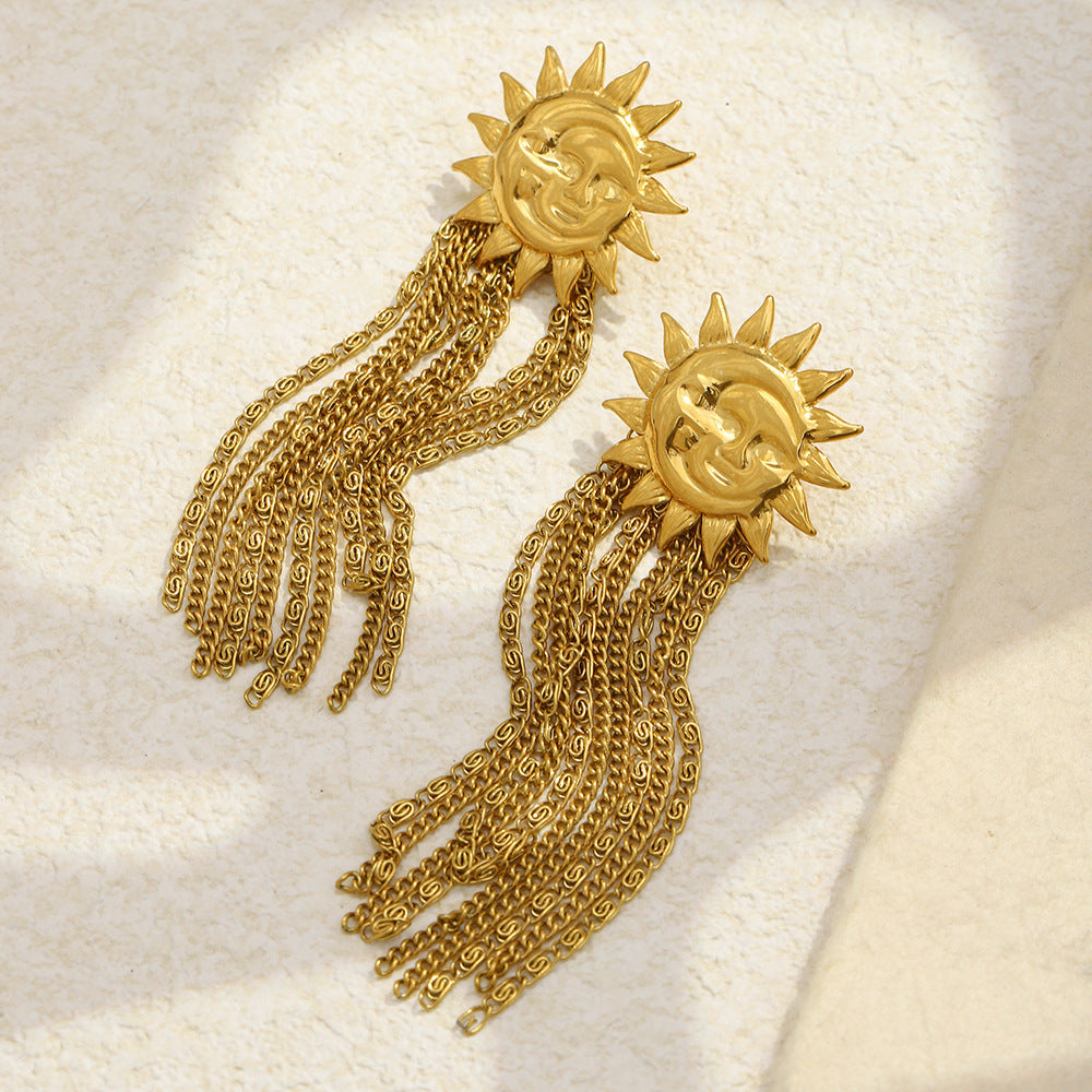 Vintage 18K Gold Plated Stainless Steel Moon Star Geometric Tassel Earrings