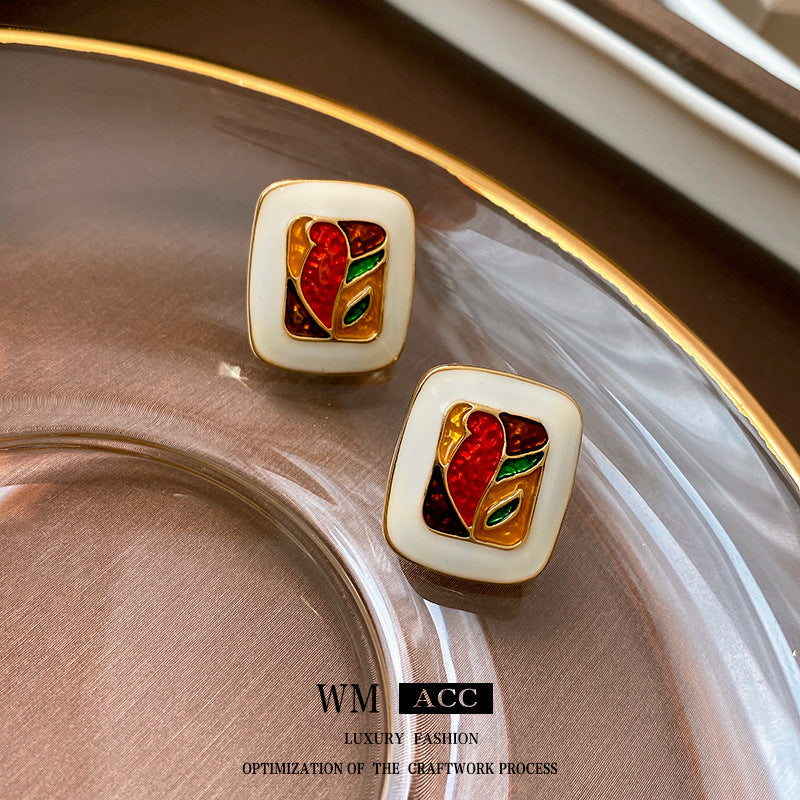 Vintage Art-Inspired Enamel Square Stud Earrings for Women with Stainless Steel Posts