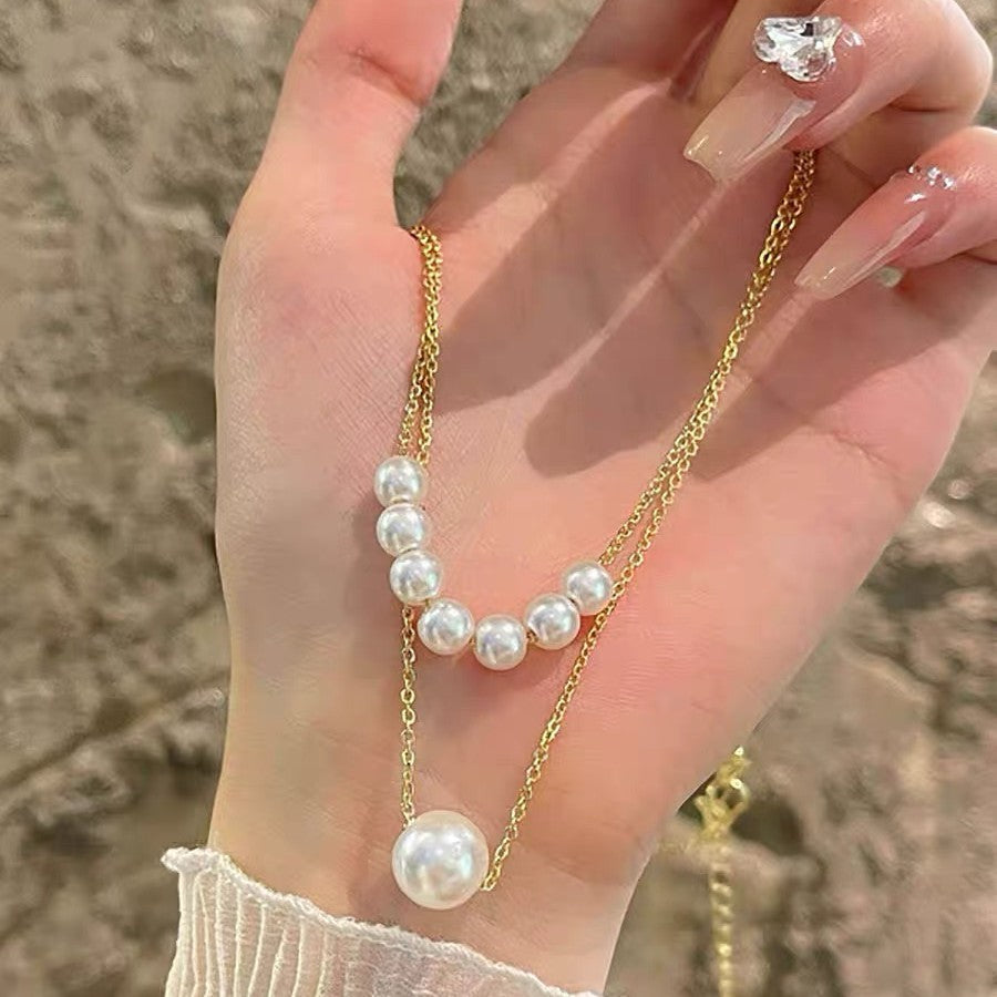 Collana da donna a doppio strato con catena a O, in acciaio al titanio, geometrica, minimalista, con intarsio in strass, girocollo