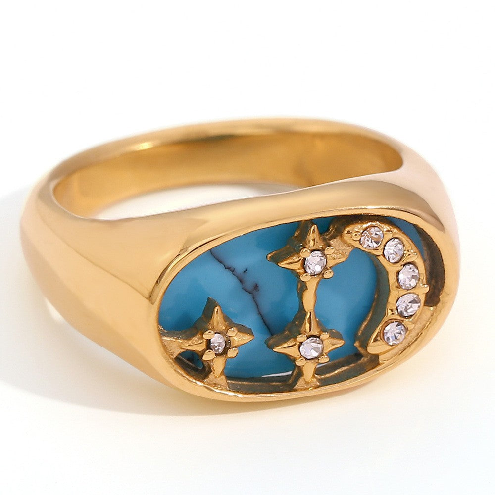 Vintage-Style Geometric Titanium Steel Ring Set for Women with 18K Gold Plating and Enamel Finish
