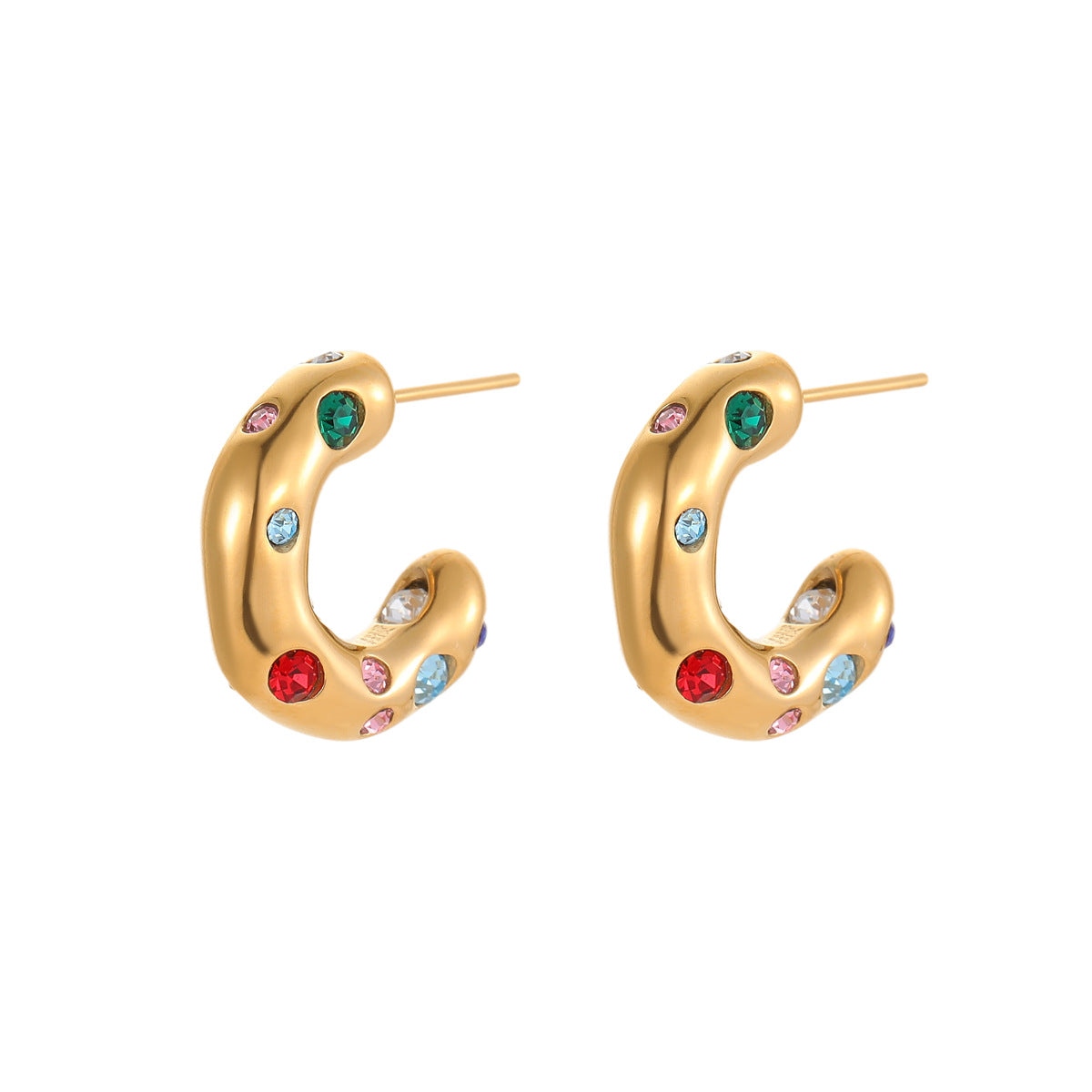 Orecchini a cerchio a C vintage in acciaio inossidabile con intarsi in zircone, finitura galvanizzata, design geometrico irregolare per donna