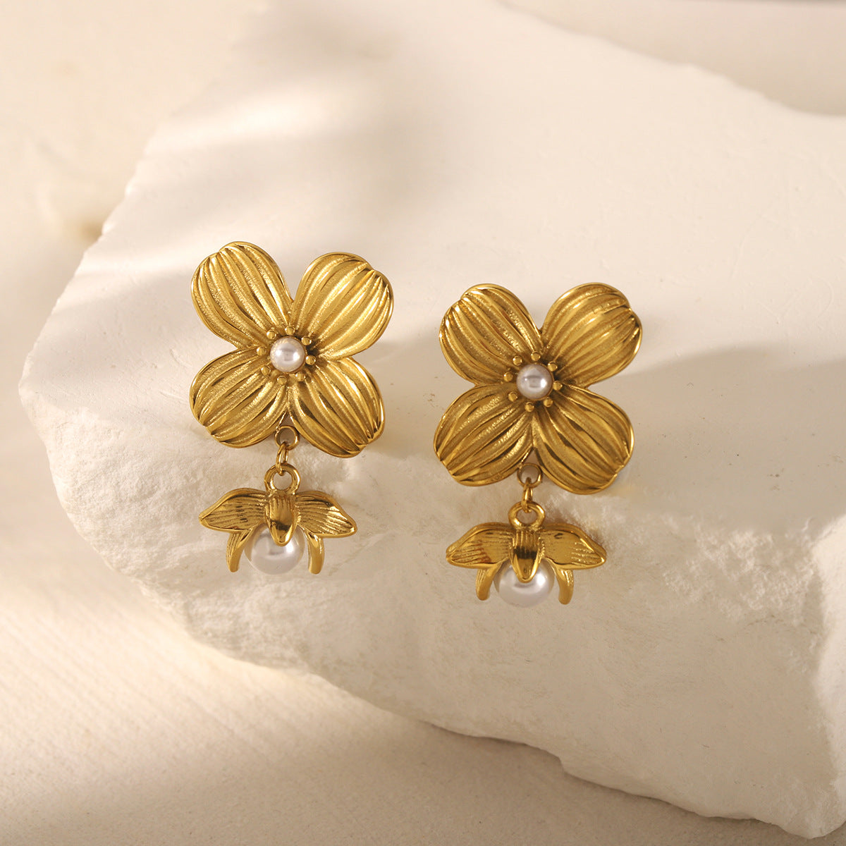 Vintage Floral Geometric Stainless Steel Earrings with 18K Gold Plating and Pearl Accents for Women