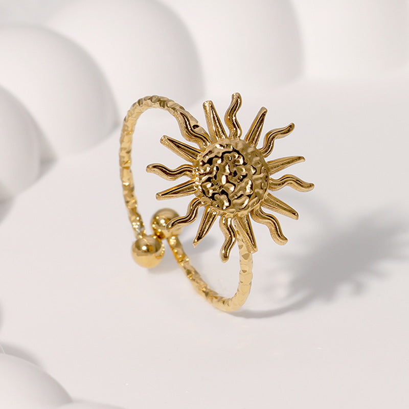 Anello aperto minimalista da donna in acciaio inossidabile a forma di sole con finitura galvanica
