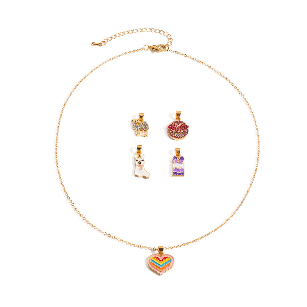 Cartoon Unicorn Pendant Necklace Set for Girls with Ice Cream Cake and Rainbow Design, Enamel Alloy Choker Chain for Kids Ages 3-10