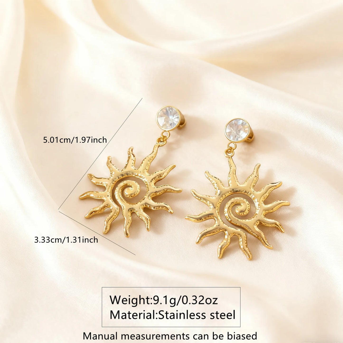 Vintage Geometric Sun Stainless Steel Earrings with Rhinestone Inlay for Women