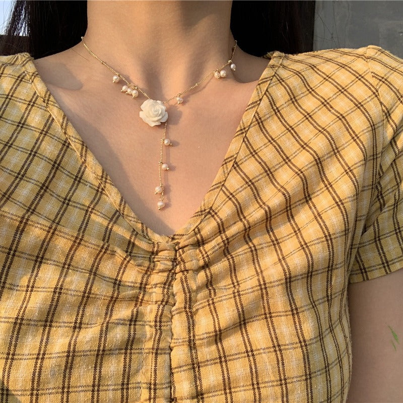 Sweet Teardrop Floral Pearl Pendant Titanium Steel Necklace for Women and Men