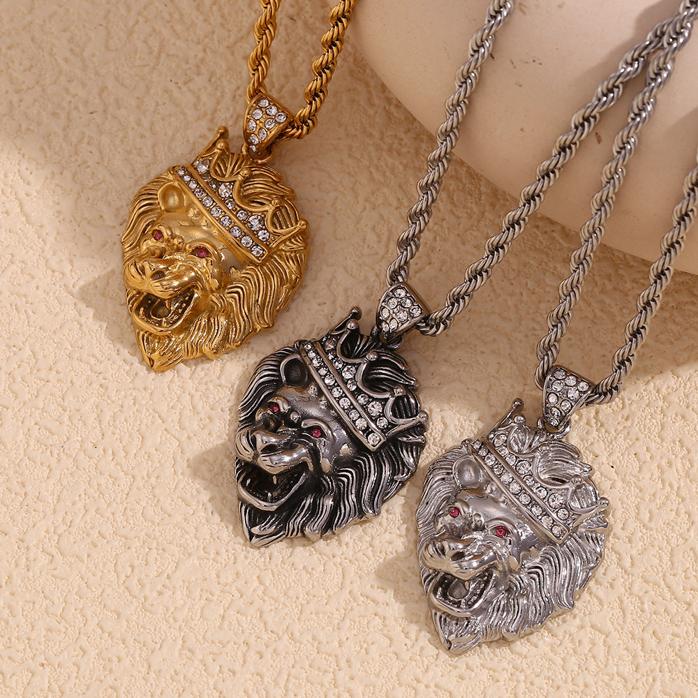 Collana pendente con corona di leone per donna, in acciaio inossidabile placcato oro 18K, a forma di animale