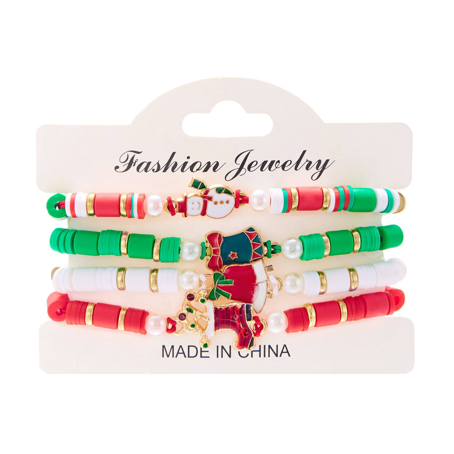 Juego de Pulseras Artesanales Navideñas con Dijes de Papá Noel y Renos en Resina, Arcilla Polimérica y Aleación con Detalles de Cristal y Vidrio para Mujer