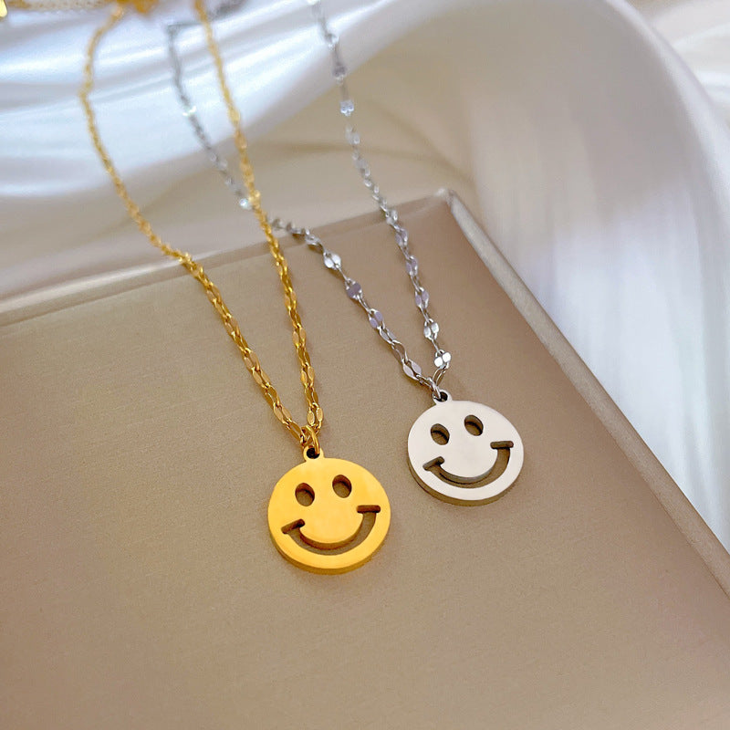 Minimalist Geometric Smiley Face Pendant Necklace for Women in Titanium Steel with Gold Plating