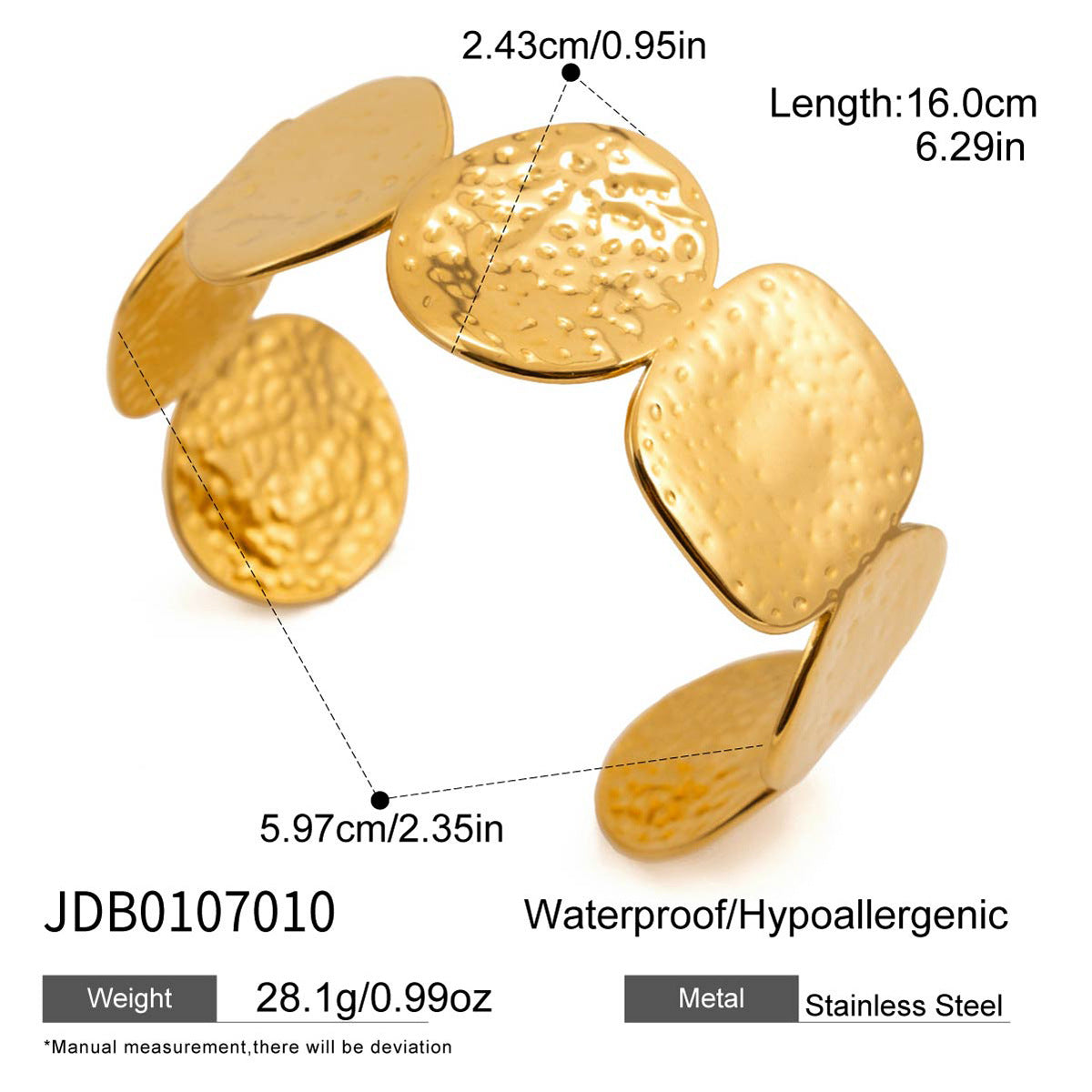 Pulsera Minimalista de Acero de Titanio con Textura Martillada Geométricaa para Mujer con Acabado Chapado