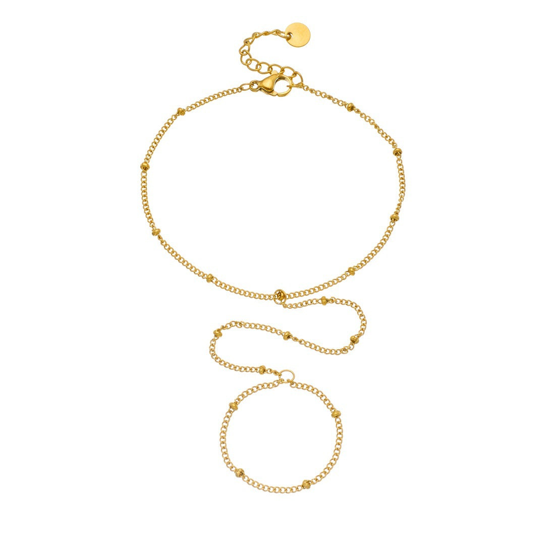 Minimalist Sweet Gold Plated Stainless Steel Beaded Chain Hand Chain Ring Bracelet for Women