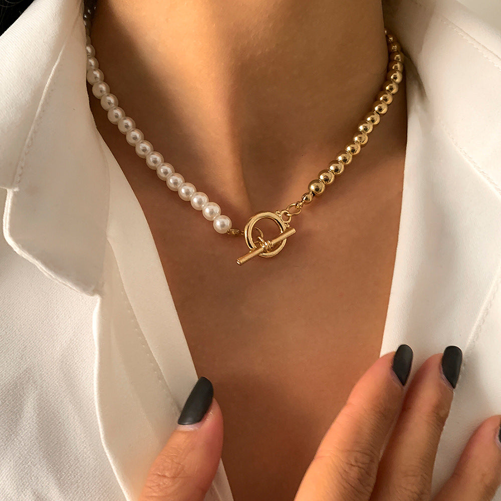 Collana Geometrica di Perle da Donna, Catena in Lega con Finitura Galvanica, Collana Minimalista per Clavicole