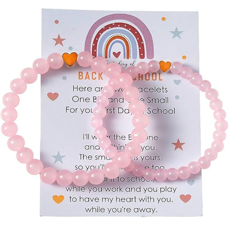 Natural 8mm Pink Crystal Beaded Bracelet Set with Heart Pendant Geometric Charm Unisex Jewelry Gift