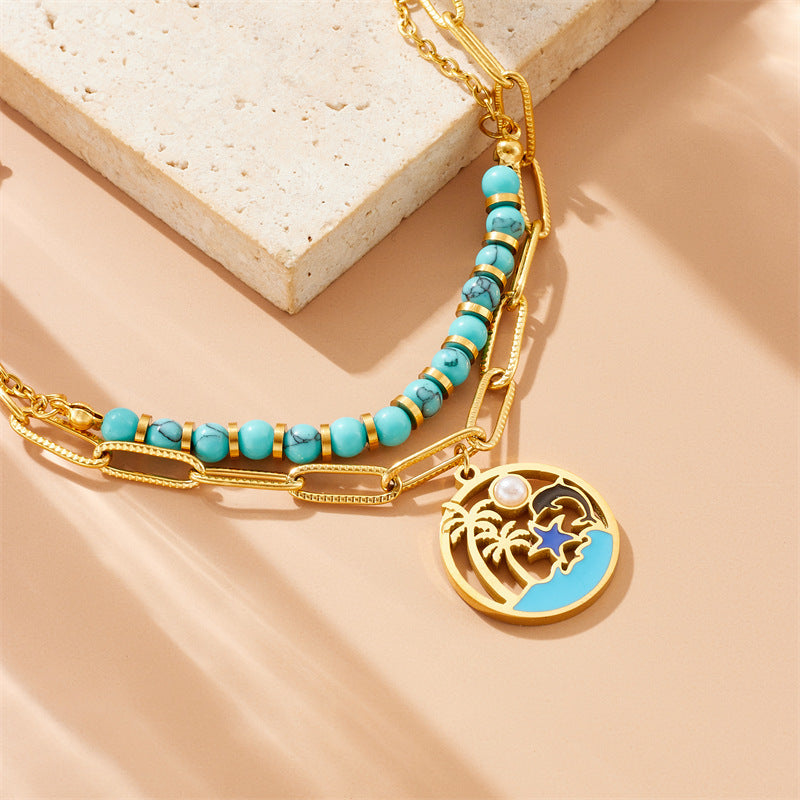 Fashion Elegant Stainless Steel Plated Ocean Animal Pendant Double Layer Beaded Necklace and Bracelet Set for Women