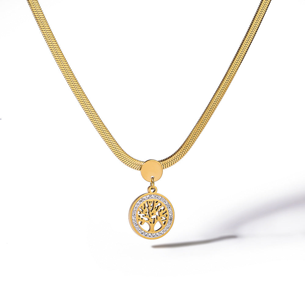 Minimalist Geometric Tree of Life Pendant Necklace for Women in Titanium Steel with Zircon Inlay