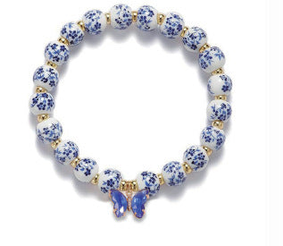 Minimalist Floral Ceramic Bow Rhinestone Beaded Elastic Bracelet for Women