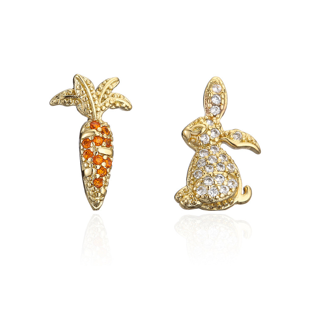 Cute Rabbit and Carrot Shape Stud Earrings in Copper with 18K Gold Plating and Zircon Inlay